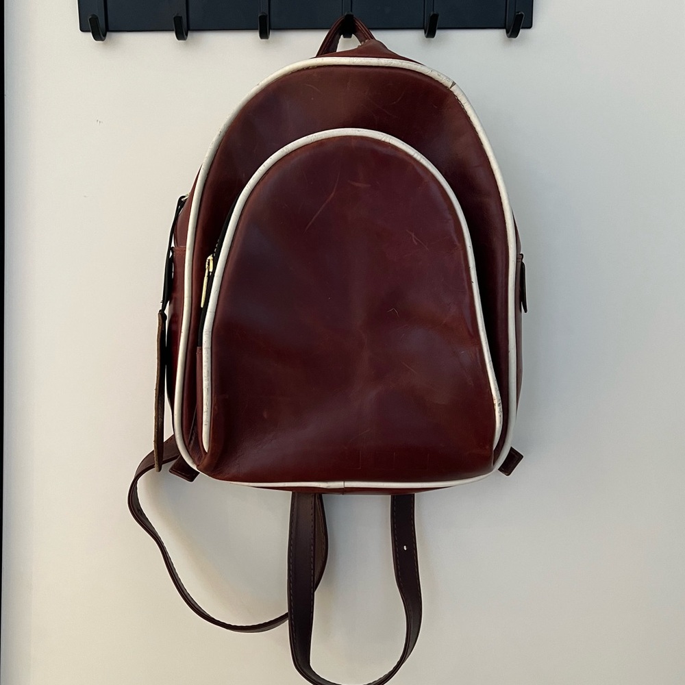 100% Genuine Leather Mini Backpack - brown with white piping